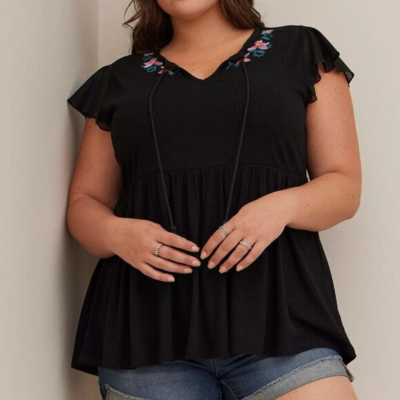 Torrid Fabric Mix Textured Jersey Embroidered Neckline Mesh Flutter Sleeve Top 2 - Picture 1 of 12